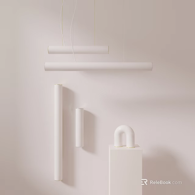 Minimalist White Lighting Combination With Suspended Long Strip Wall Mounted Cylindrical And U Shaped Lights 3d model 