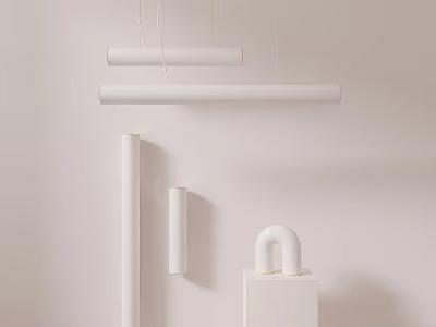 Minimalist White Lighting Combination With Suspended Long Strip Wall Mounted Cylindrical And U Shaped Lights 3d model