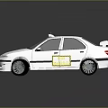 White Taxi Car With Roof Taxi Sign Yellow Sticker And Sporty Black Wheels