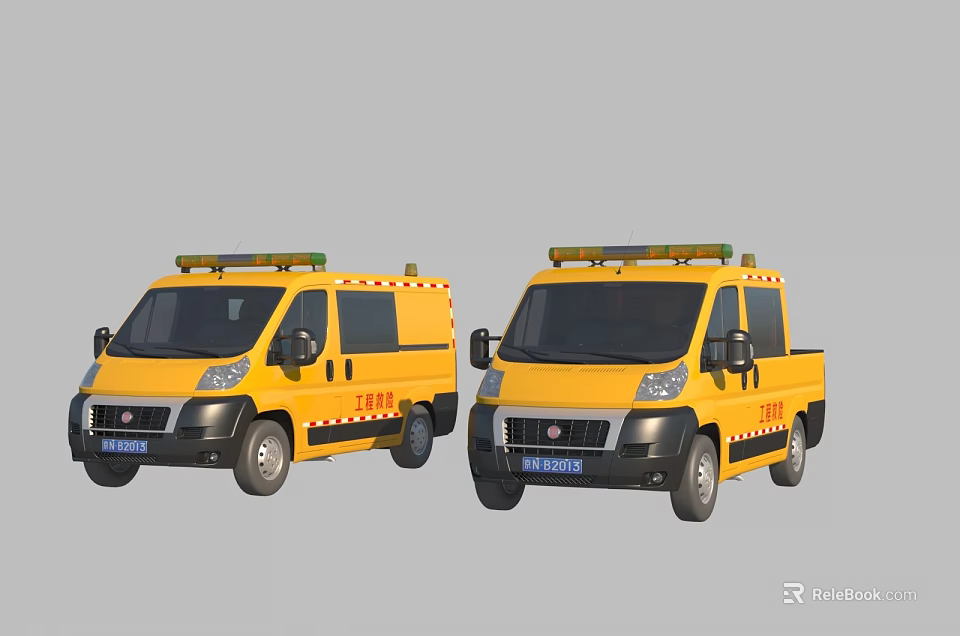 Yellow Utility Vehicles Featuring Warning Lights Stripes Van and Pickup Models 3d model