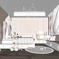 Pink Kids Room Interior With Canopy Bed Heart Wall Decorations Chandelier And Window Seat
