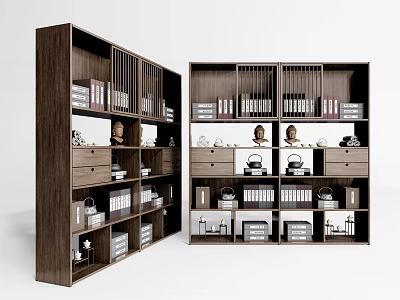Modern Wooden Bookcase with Multiple Shelves Drawers and Decorative Ornaments for Home Living Room Storage 3d model
