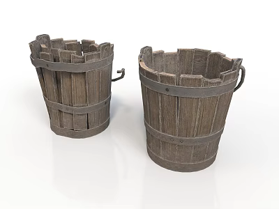 Two Rustic Wooden Buckets With Metal Hoops For Household Daily Use 3d model