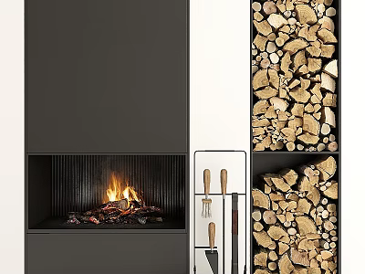 Modern Fireplace Interior With Burning Fire Neat Wood Stack And Tools 3d model