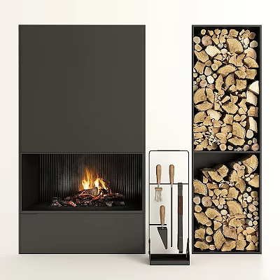 Modern Fireplace Interior With Burning Fire Neat Wood Stack And Tools 3d model