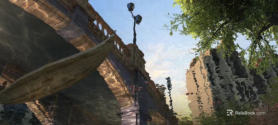 Garden Landscape Featuring Stone Bridge Ornate Railings Vintage Street Lamp Water Reflection And Green Trees 3d model 