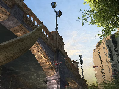 Garden Landscape Featuring Stone Bridge Ornate Railings Vintage Street Lamp Water Reflection And Green Trees 3d model