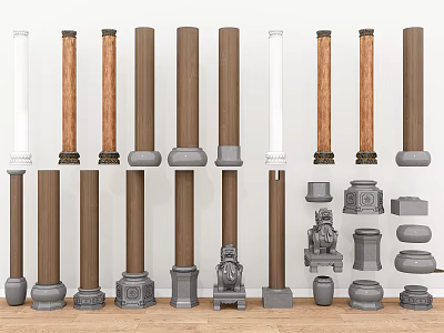 Various Style Columns Including Wooden White Gray With Decorative Bases Capitals And Lion Statues 3d model