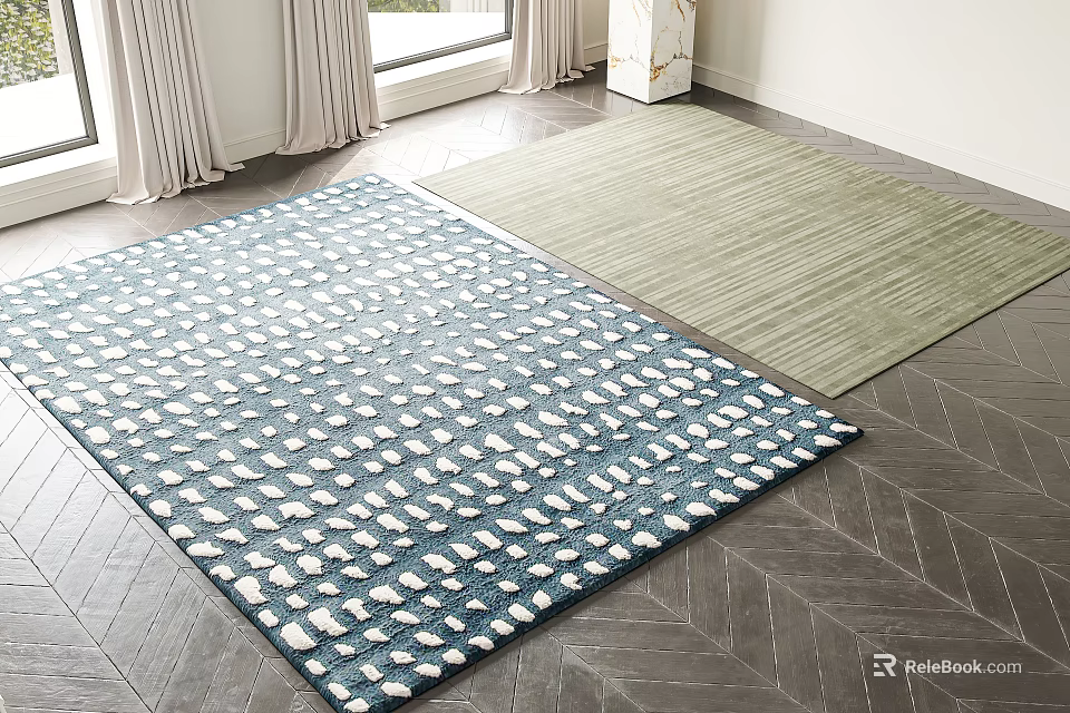 Blue And White Patterned Square Rugs With Light Green Solid Color For Living Room Decor 3d model 