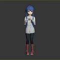 3D Model Character With Blue Hair Gray Coat Black Pants Pink Boots Holding A Cup