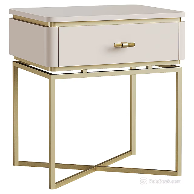 Elegant White Nightstand With Gold Metal Frame And Drawer Handle Design 3d model 