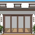 Single Family House with White Exterior Brown Roof Large Glass Sliding Doors and Front Plants
