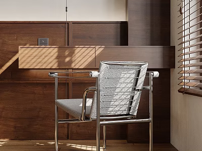 Modern Single Chair With Metal Frame Gray Cushion In Wooden Room With Sunlight Through Blinds 3d model