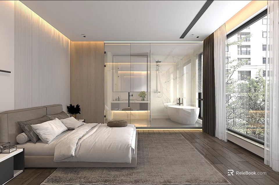Modern Minimalist Hotel Guest Room With Comfortable Bed Large Window Bathtub And Wooden Flooring 3d model 