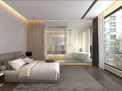 Modern Minimalist Hotel Guest Room With Comfortable Bed Large Window Bathtub And Wooden Flooring 3d model