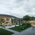 Modern Tourist Center Featuring Curved Roof Lush Greenery Water Features And Seating Areas