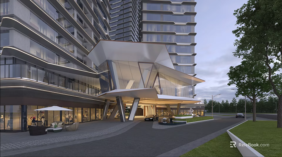 Modern Building Entrance Facade With Glass Structure Unique Roof And Roadside Greenery 3d model 