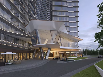 Modern Building Entrance Facade With Glass Structure Unique Roof And Roadside Greenery 3d model