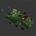 Green Military Wheeled Tank With Flags On Sides And Top Antenna Weapon System