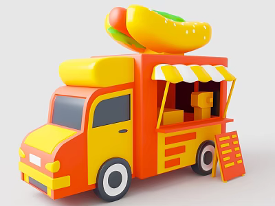 Colorful Orange Yellow Food Truck With Hot Dog Awning And Menu Board 3d model