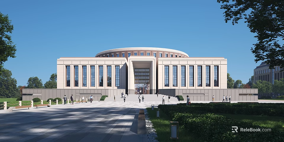 Modern Circular Office Building With Large Windows Main Entrance Plaza Greenery And Pedestrians 3d model 