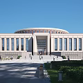 Modern Circular Office Building With Large Windows Main Entrance Plaza Greenery And Pedestrians