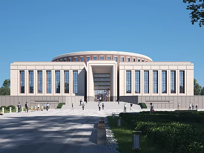 Modern Circular Office Building With Large Windows Main Entrance Plaza Greenery And Pedestrians 3d model