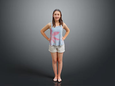 Woman in Striped Tank Top and Shorts Standing with Hands on Hips Against Gray Background 3d model
