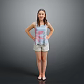Woman in Striped Tank Top and Shorts Standing with Hands on Hips Against Gray Background