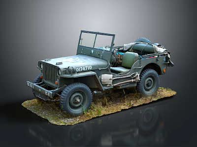 Vintage Military Jeep With Open Top Design Large Tires And Grassy Base 3d model