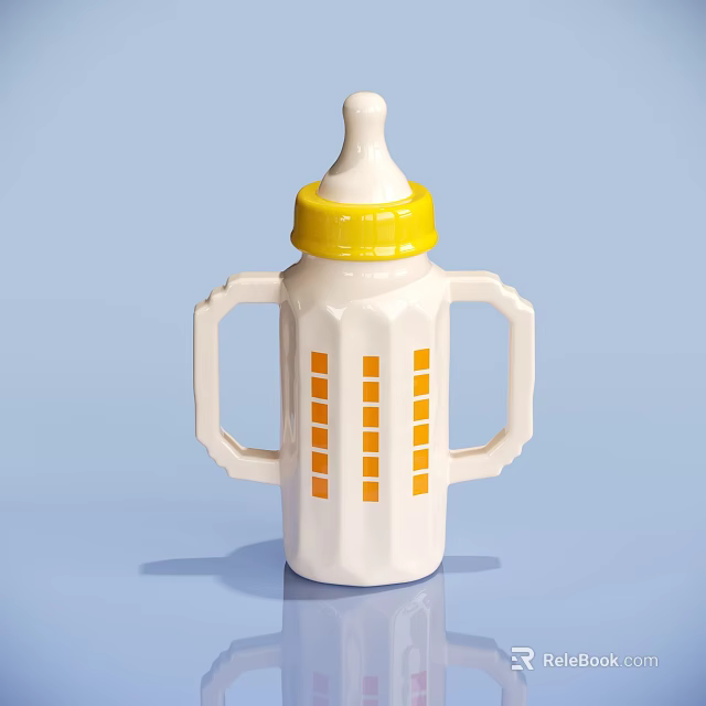 White Baby Bottle With Yellow Cap Two Handles And Orange Square Patterns 3d model 