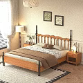 Cozy Wooden Double Bed with Black Metal Headboard Brown Comforter Nightstands Lamps and Wall Art