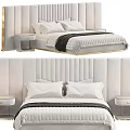 Luxury Double Bed With Velvet Headboard Striped Bedspread Pillows And Nightstand