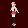 Woman with pink hair white top red skirt black stockings gray shoes dark red background
