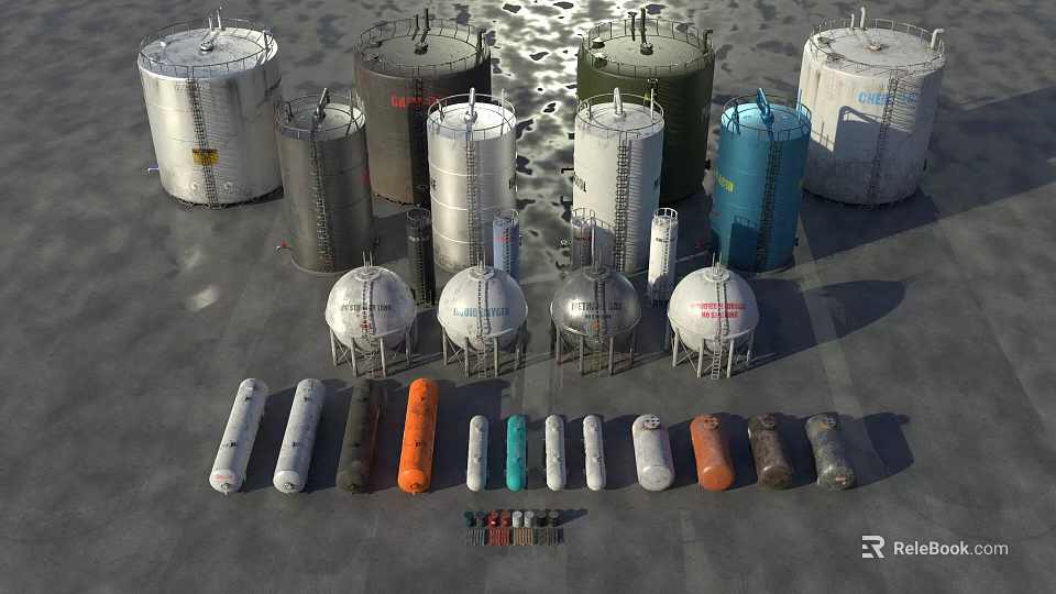 Industrial Storage Tanks Featuring Various Sizes Different Colors And Cylindrical Spherical Shapes 3d model