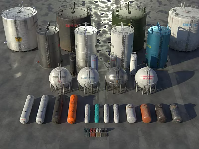 Industrial Storage Tanks Featuring Various Sizes Different Colors And Cylindrical Spherical Shapes 3d model