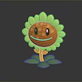 Cartoon Sunflower with Yellow Petals Orange Center Smiling Face and Green Leaves