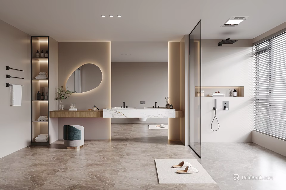 Modern Bathroom Interior With Round Mirror Marble Vanity Glass Shower And Recessed Lighting 3d model 