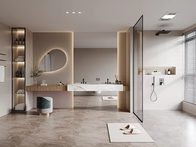 Modern Bathroom Interior With Round Mirror Marble Vanity Glass Shower And Recessed Lighting 3d model