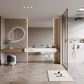 Modern Bathroom Interior With Round Mirror Marble Vanity Glass Shower And Recessed Lighting