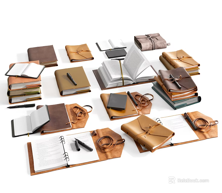 Leather Covered Books And Open Notebooks With Stacked Magazines And Pens 3d model 