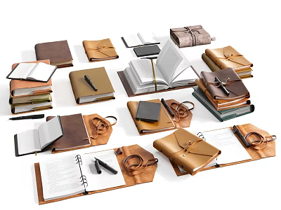 Leather Covered Books And Open Notebooks With Stacked Magazines And Pens 3d model