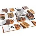 Leather Covered Books And Open Notebooks With Stacked Magazines And Pens