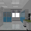 Modern Laboratory Interior With Blue Cabinets Green Countertops Windows And Chemical Symbols