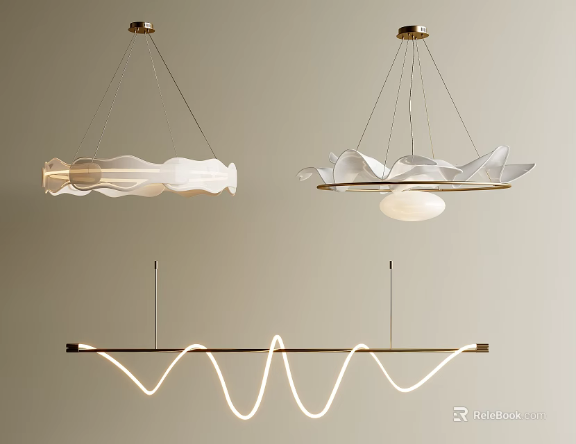 Modern Hanging Chandeliers With Gold Frames And White Wavy Petal Shades For Interior Decor 3d model 