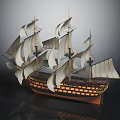 Detailed Sailing Ship Model With White Sails Multiple Masts And Red Yellow Hull Design