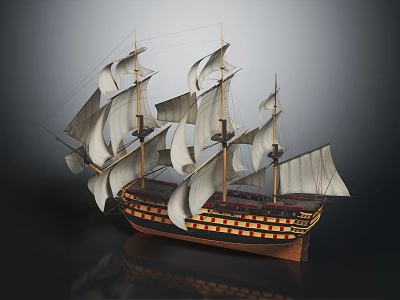 Detailed Sailing Ship Model With White Sails Multiple Masts And Red Yellow Hull Design 3d model