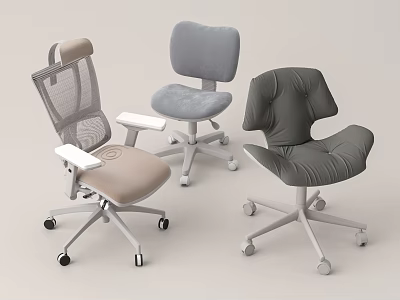 Three Modern Office Chairs With Mesh Fabric Upholstered Seats And Swivel Wheels 3d model