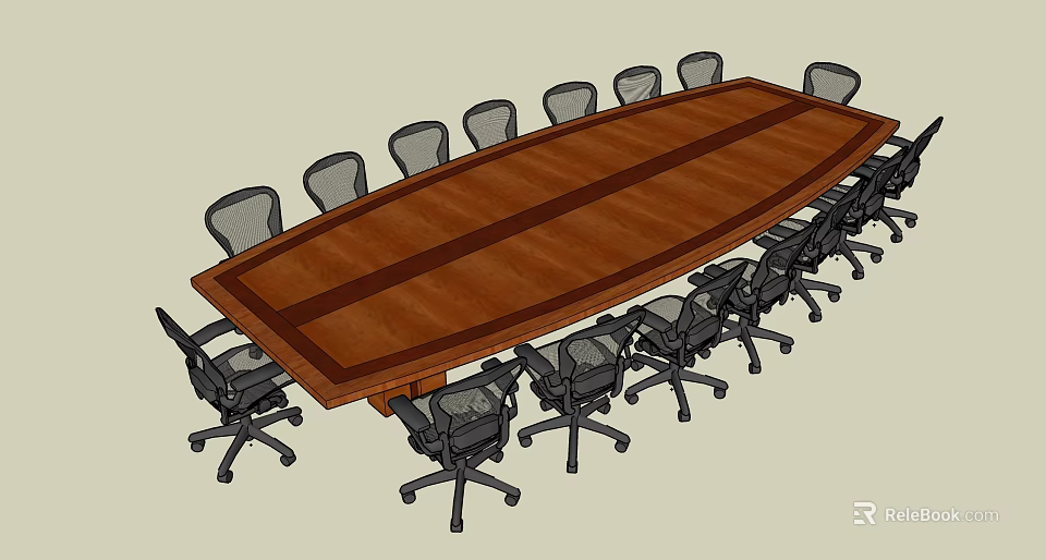 Large Wooden Oval Shaped Conference Table With Multiple Ergonomic Office Chairs And Wheels 3d model 