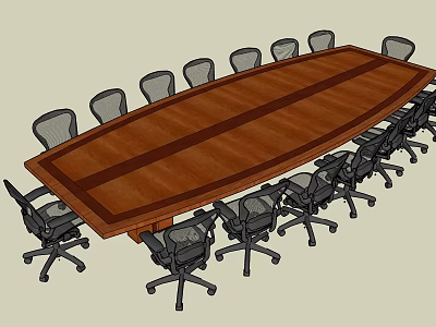 Large Wooden Oval Shaped Conference Table With Multiple Ergonomic Office Chairs And Wheels 3d model
